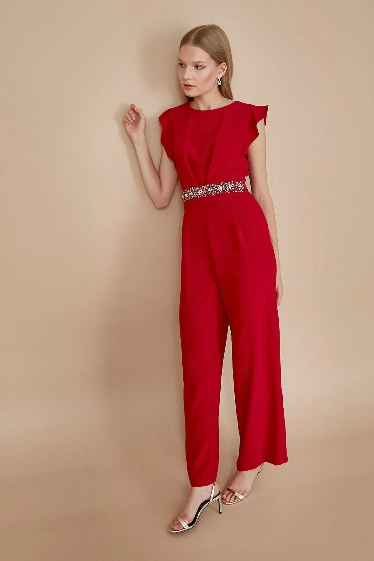 16120 Red Stone Detail Waistband Jumpsuit