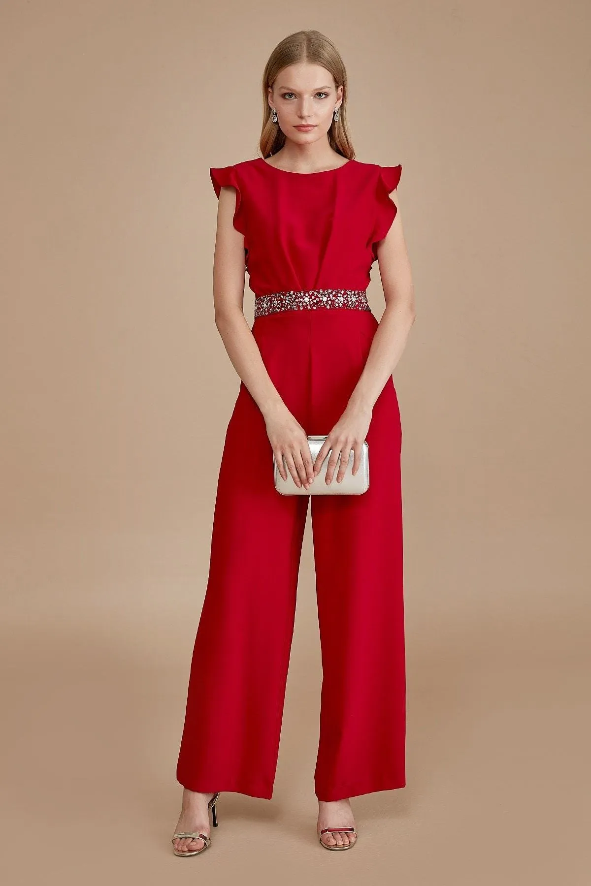 16120 Red Stone Detail Waistband Jumpsuit