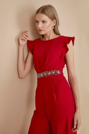 16120 Red Stone Detail Waistband Jumpsuit
