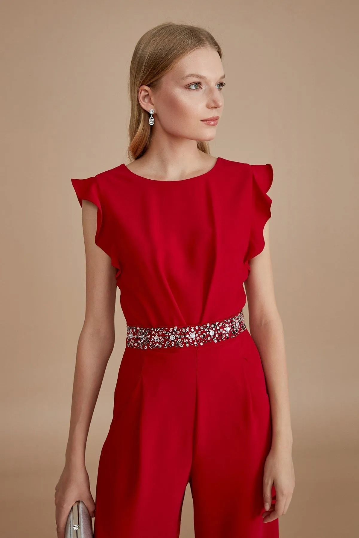 16120 Red Stone Detail Waistband Jumpsuit