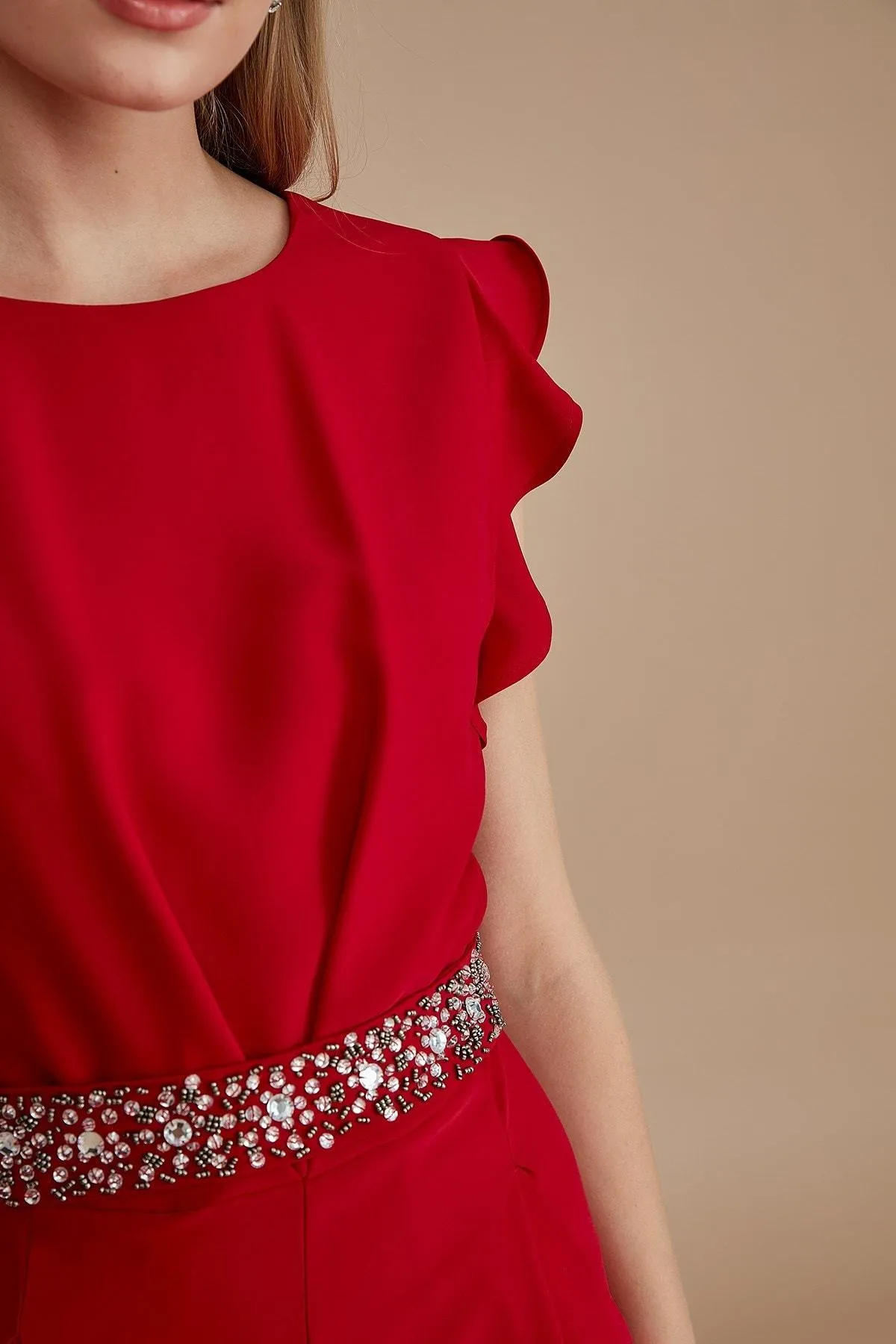 16120 Red Stone Detail Waistband Jumpsuit