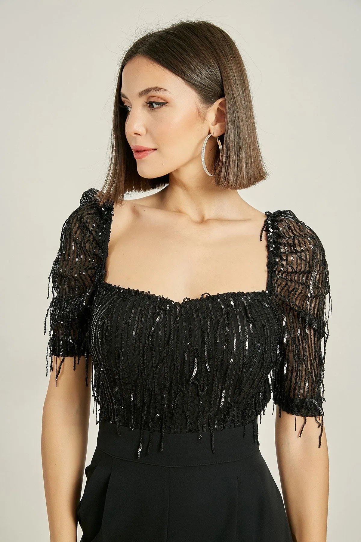 16166 Black Sequin Tassel Top Jumpsuit