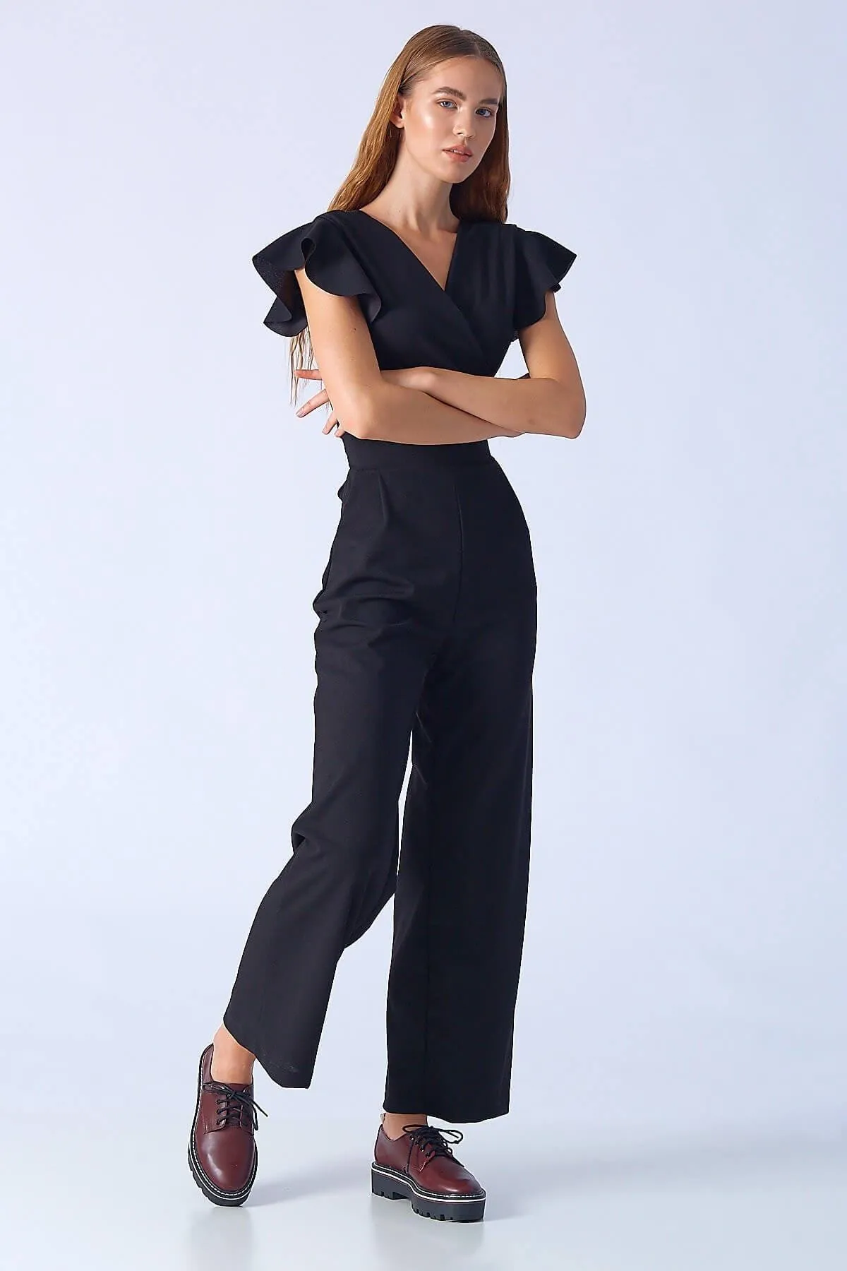 16206 Black Frilly Sleeve Jumpsuit