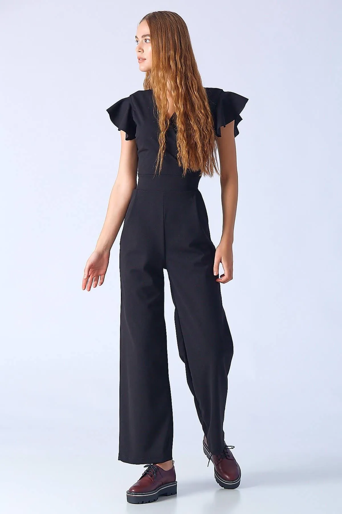 16206 Black Frilly Sleeve Jumpsuit