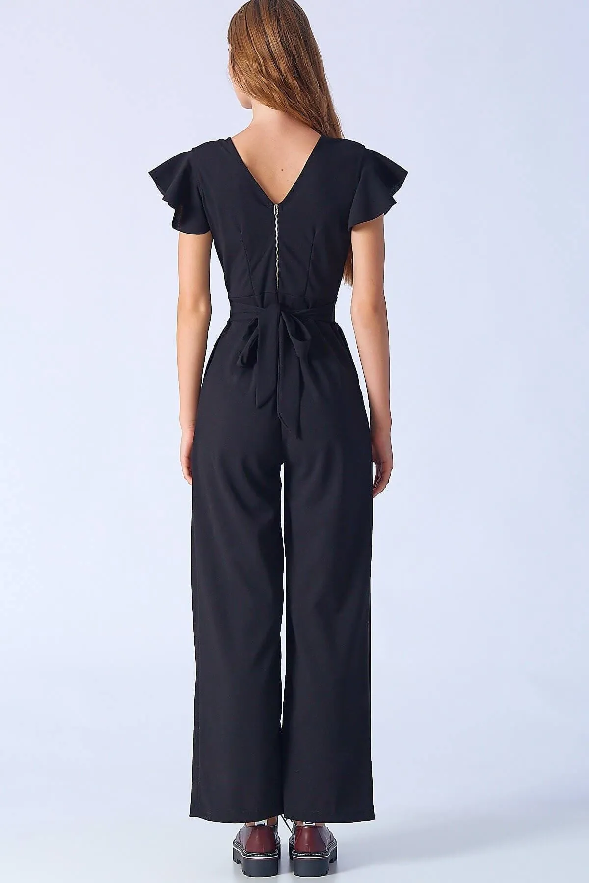 16206 Black Frilly Sleeve Jumpsuit