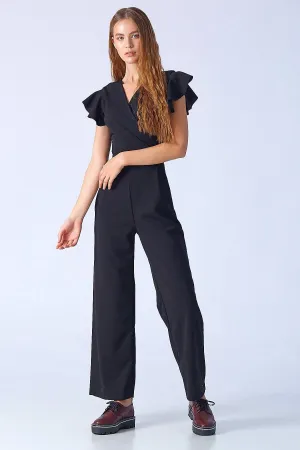 16206 Black Frilly Sleeve Jumpsuit