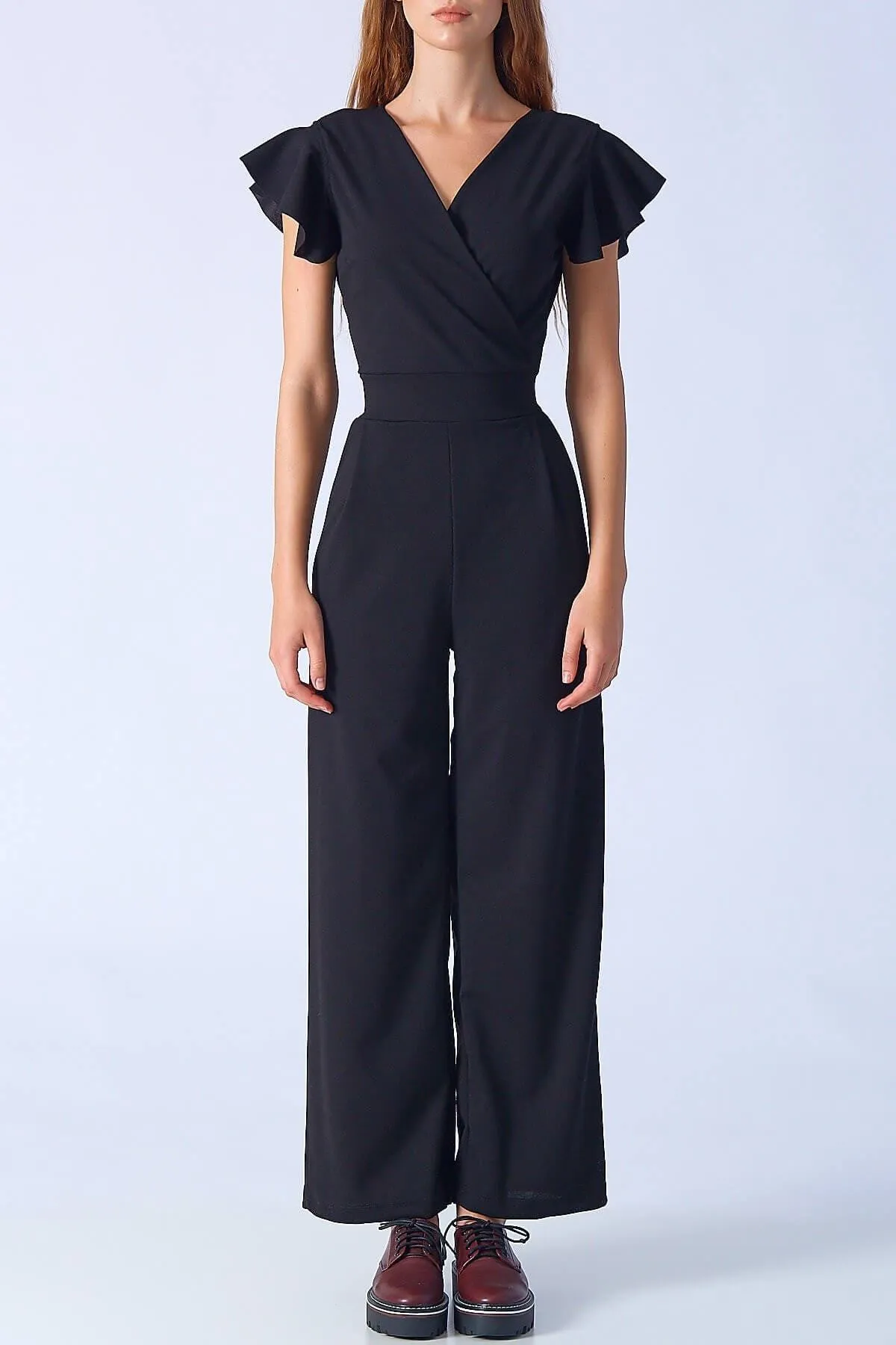 16206 Black Frilly Sleeve Jumpsuit