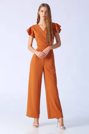 16242 Burnt Orange Frill Sleeve Jumpsuit