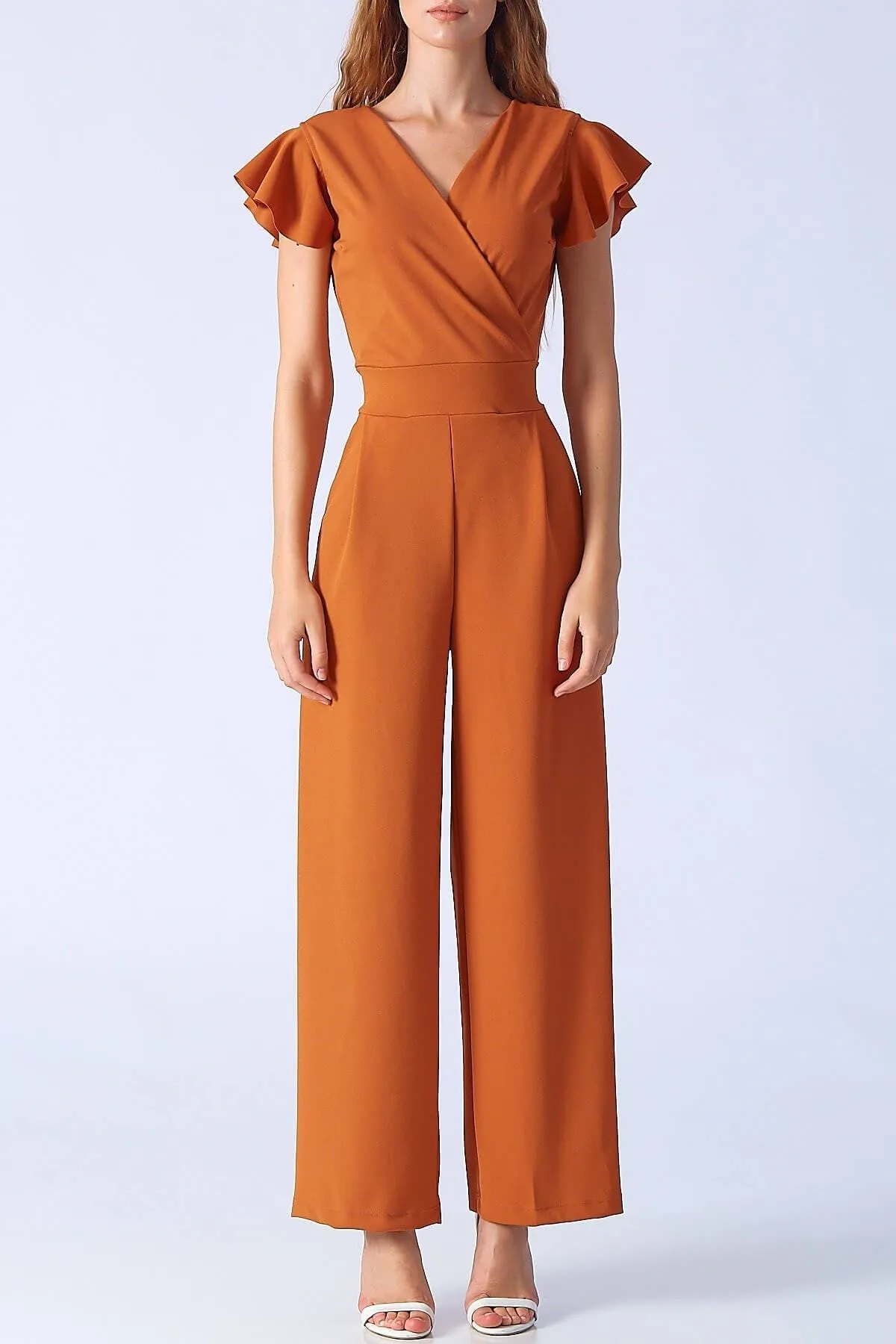 16242 Burnt Orange Frill Sleeve Jumpsuit