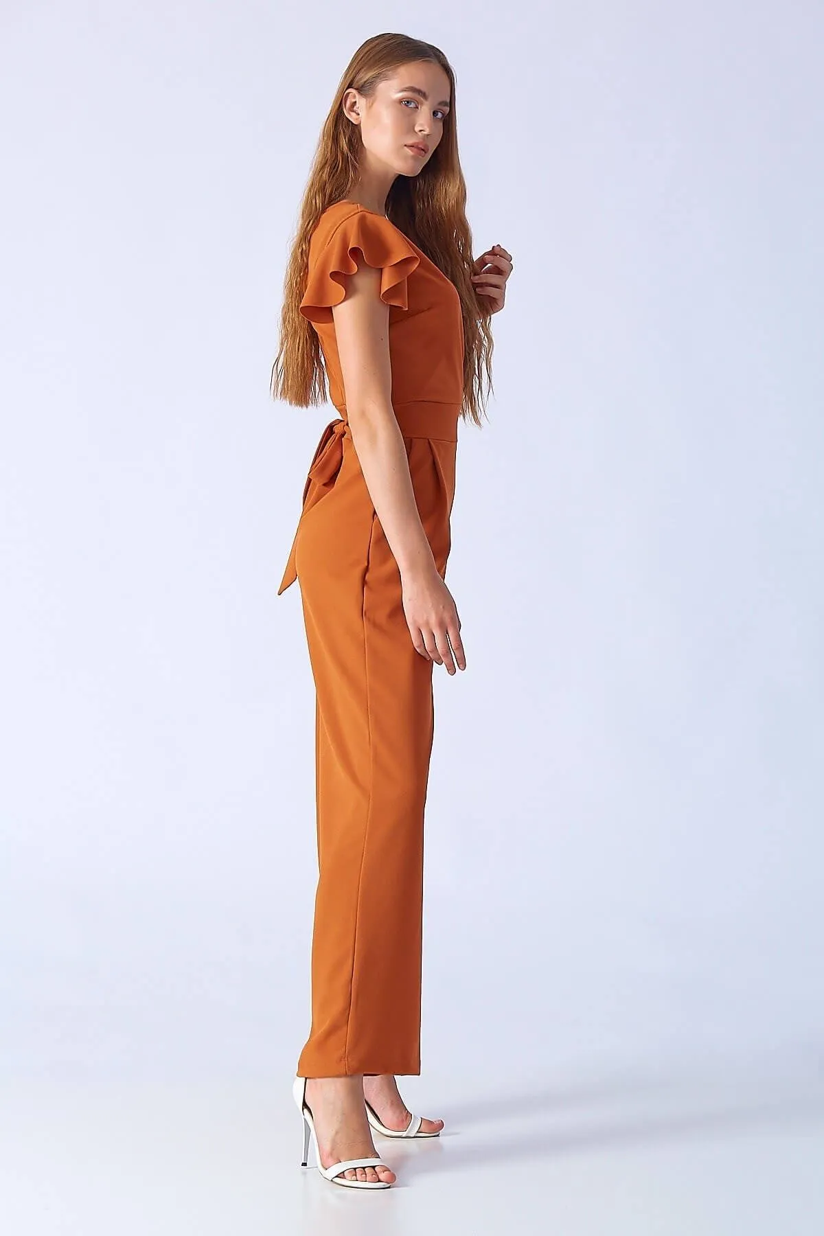 16242 Burnt Orange Frill Sleeve Jumpsuit