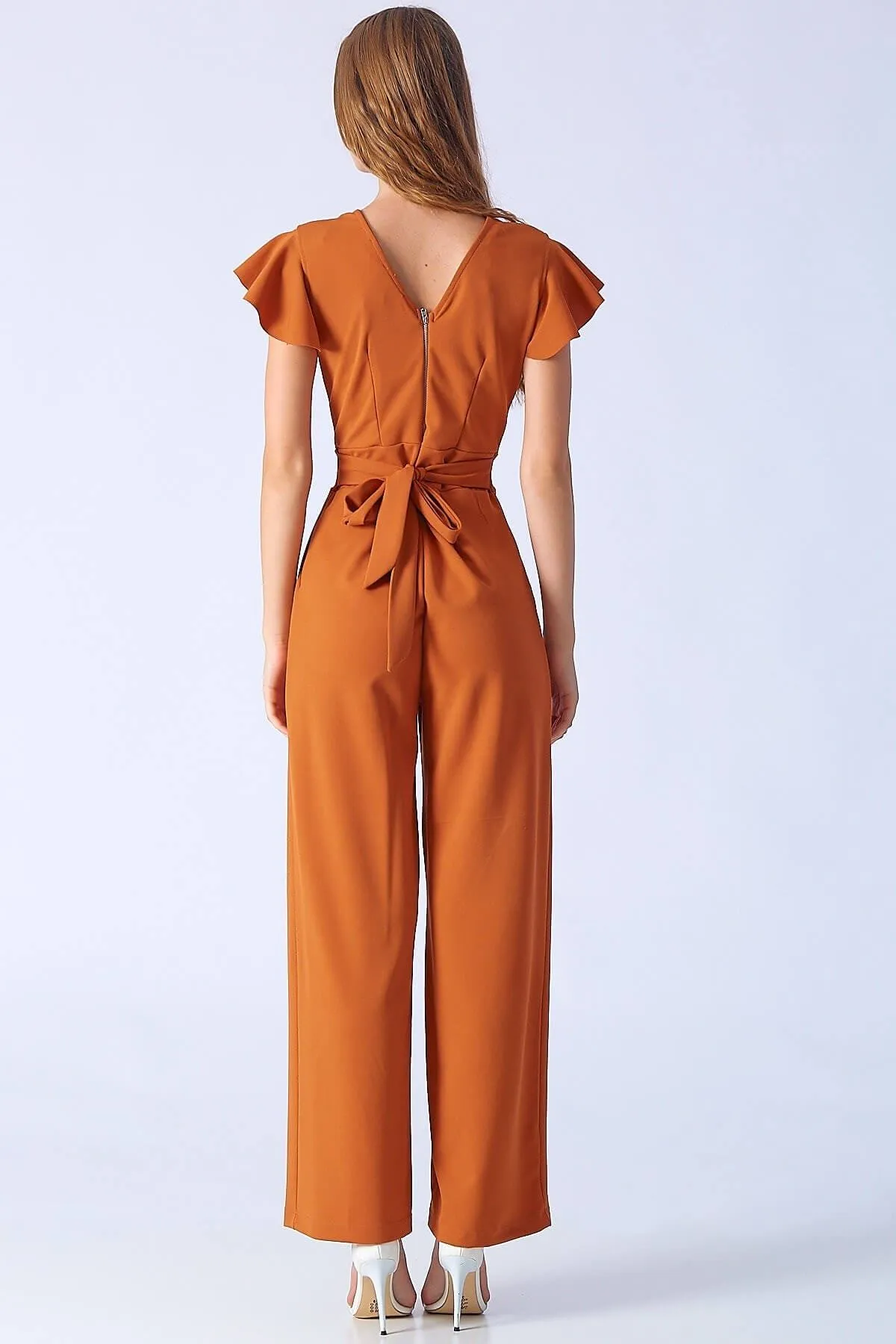 16242 Burnt Orange Frill Sleeve Jumpsuit