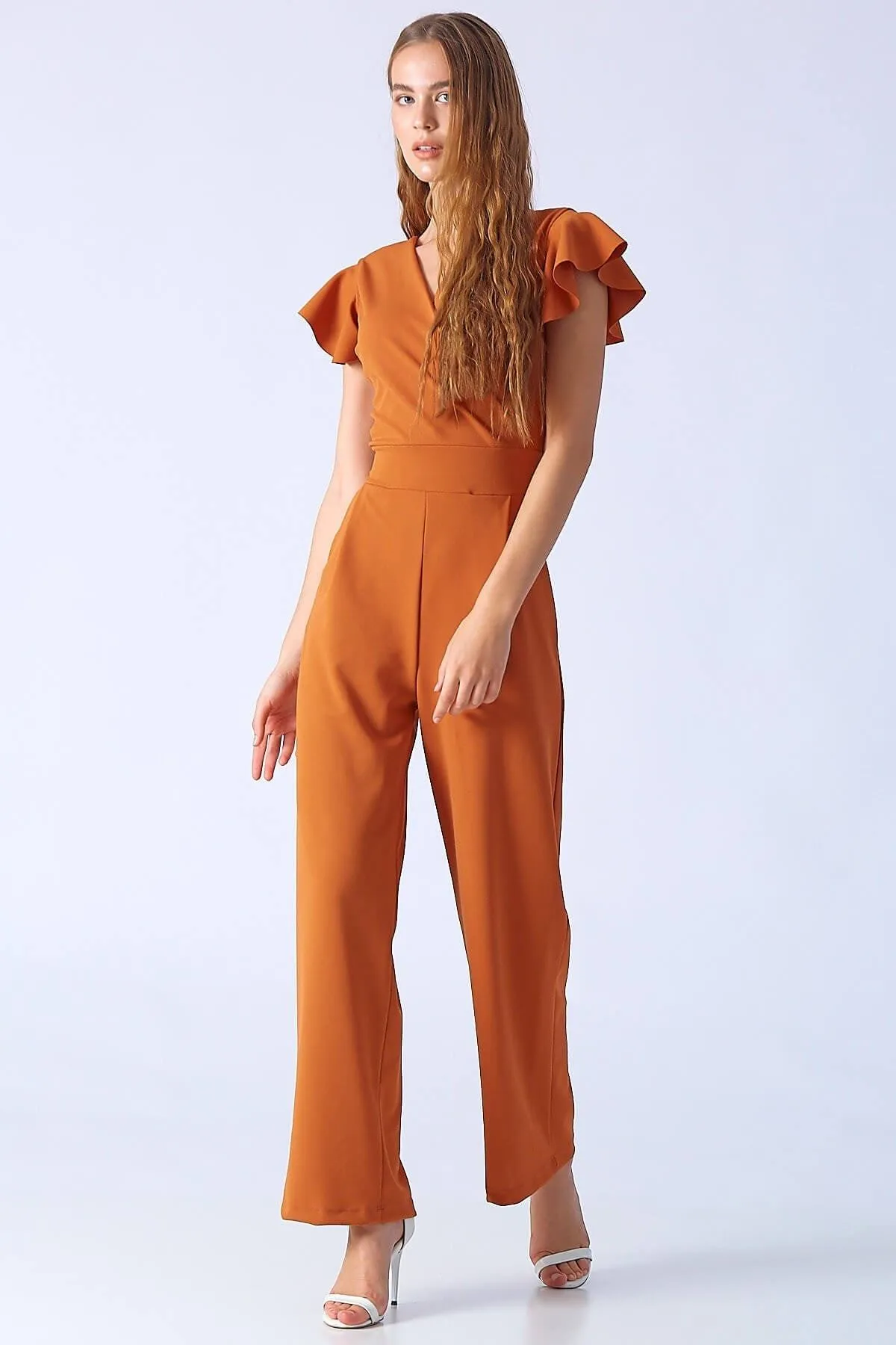 16242 Burnt Orange Frill Sleeve Jumpsuit