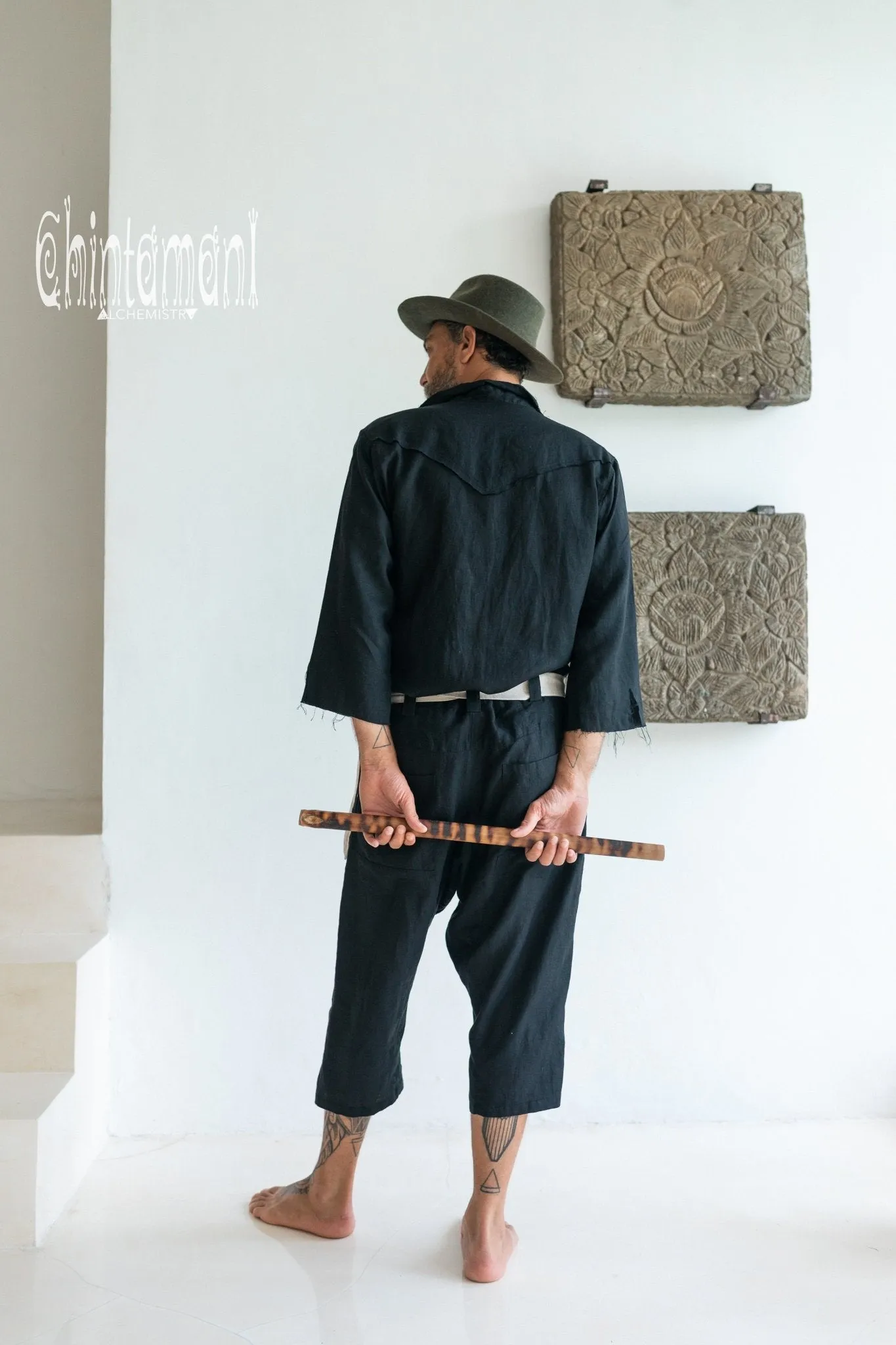 3/4 Linen Overalls for Men / Coverall Jumpsuit with Belt / Black