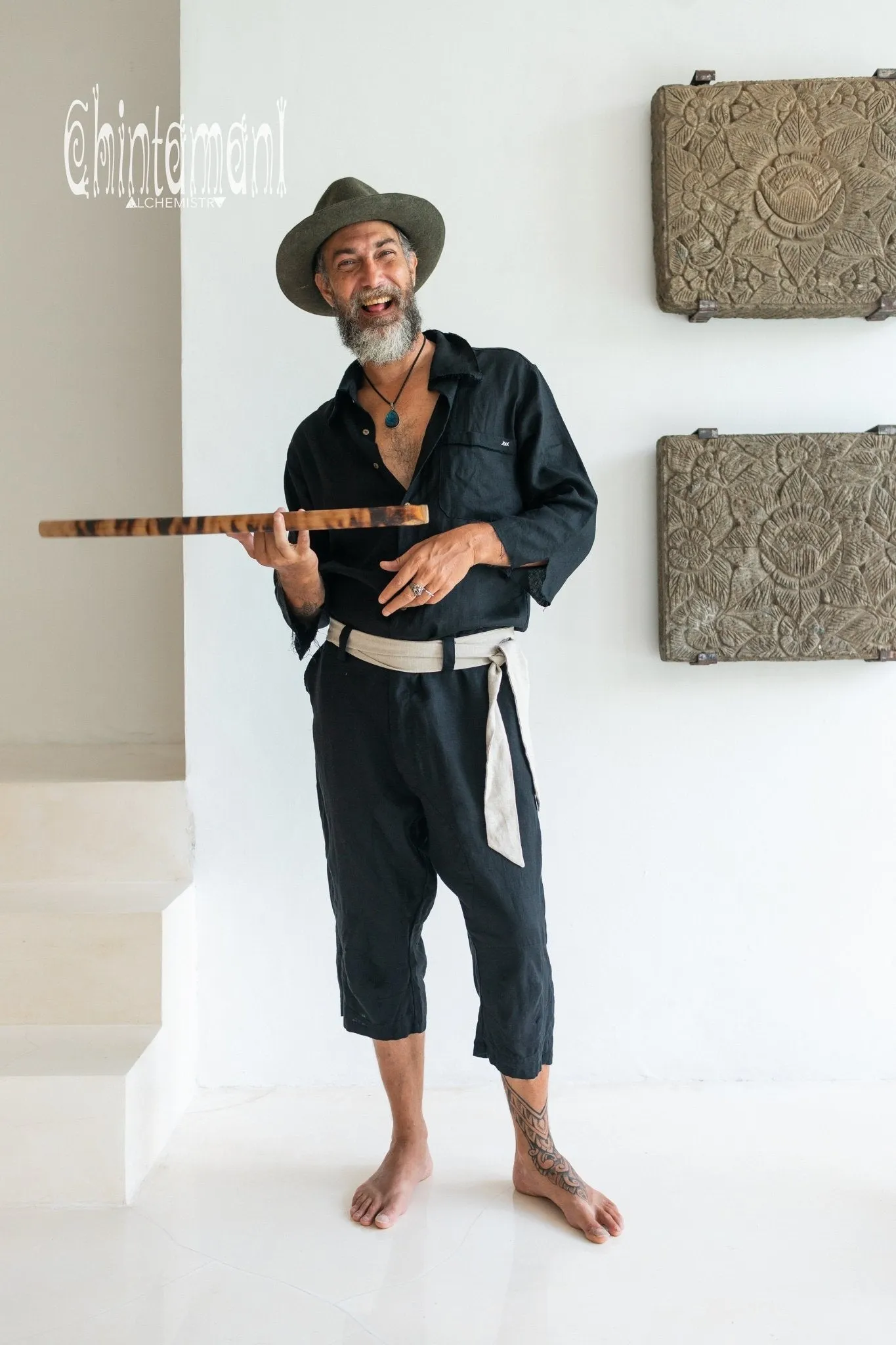 3/4 Linen Overalls for Men / Coverall Jumpsuit with Belt / Black