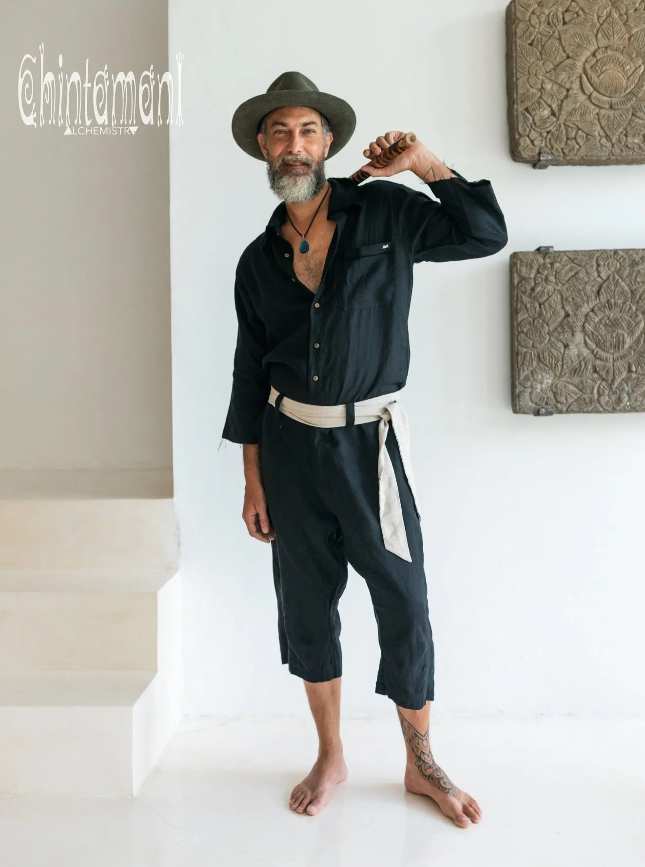 3/4 Linen Overalls for Men / Coverall Jumpsuit with Belt / Black