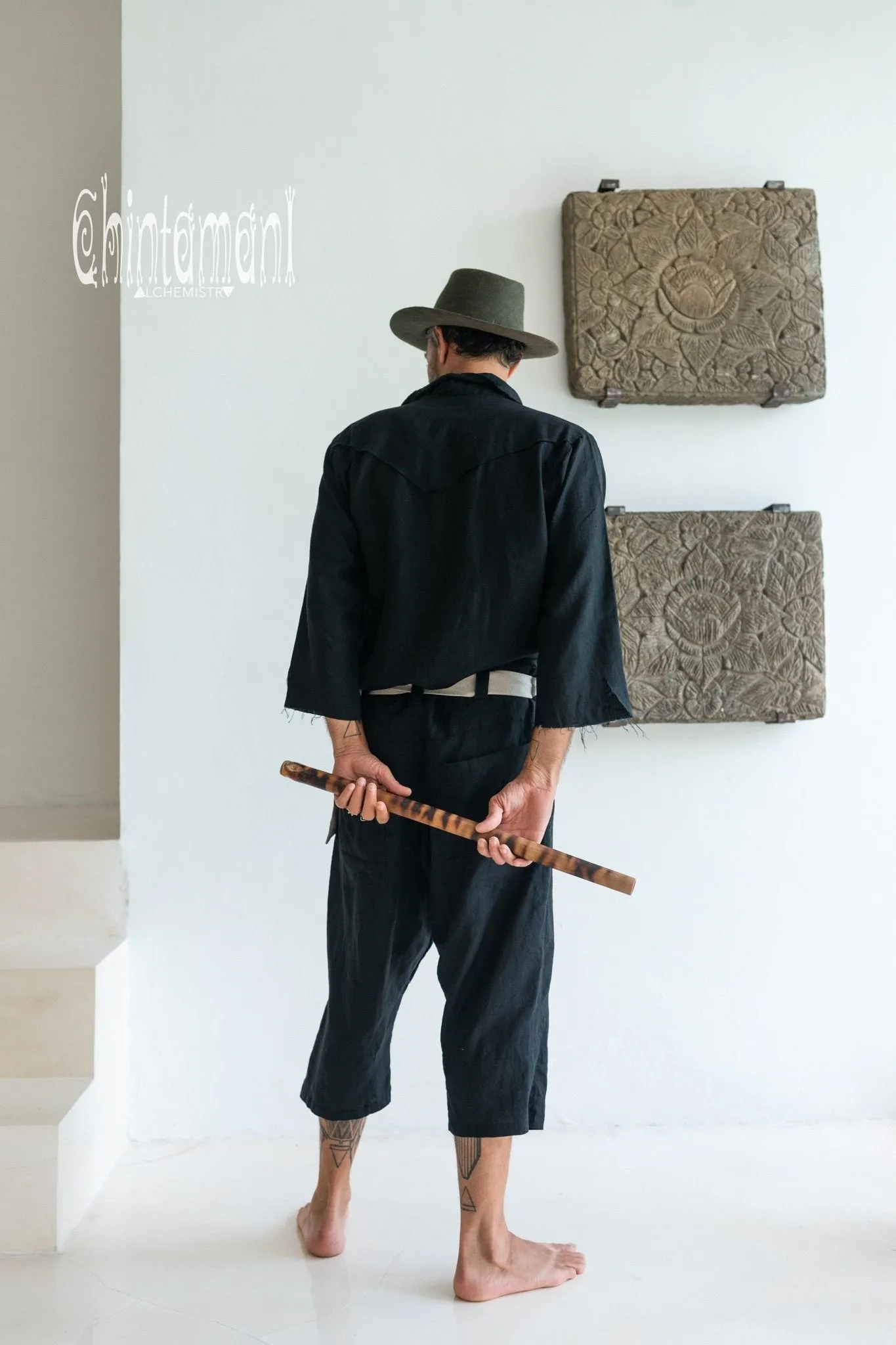 3/4 Linen Overalls for Men / Coverall Jumpsuit with Belt / Black