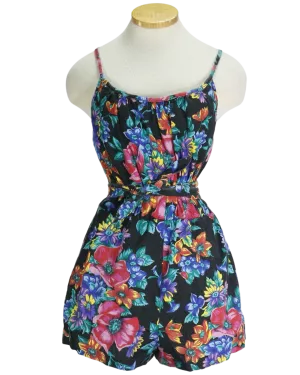 80s Catalina Black Floral Playsuit     w28