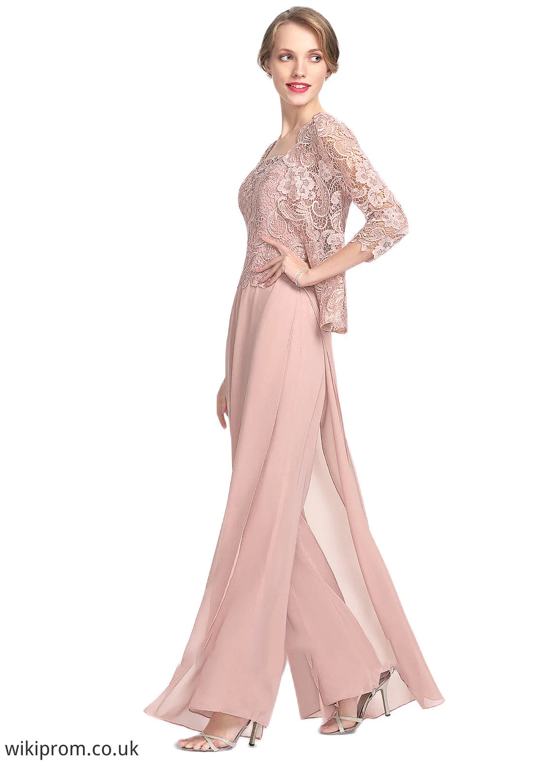 Abbey Jumpsuit/Pantsuit Square Neckline Floor-Length Chiffon Lace Mother of the Bride Dress SWK126P0014828