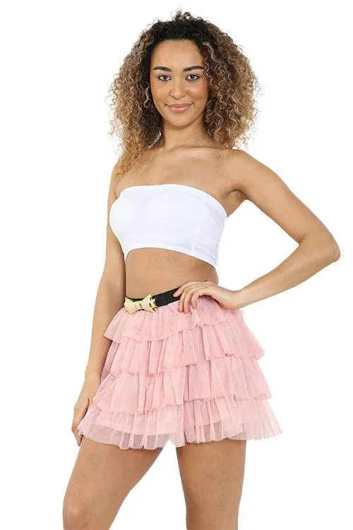 Adults 2 Layers Pink Bow Belt Mesh Tiered Tutu Skirt Ladies Dancewear 1980’s Fancy Dress