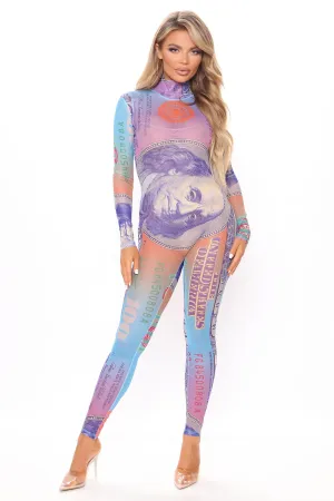 All About That Loot Mesh Jumpsuit - Purple/combo