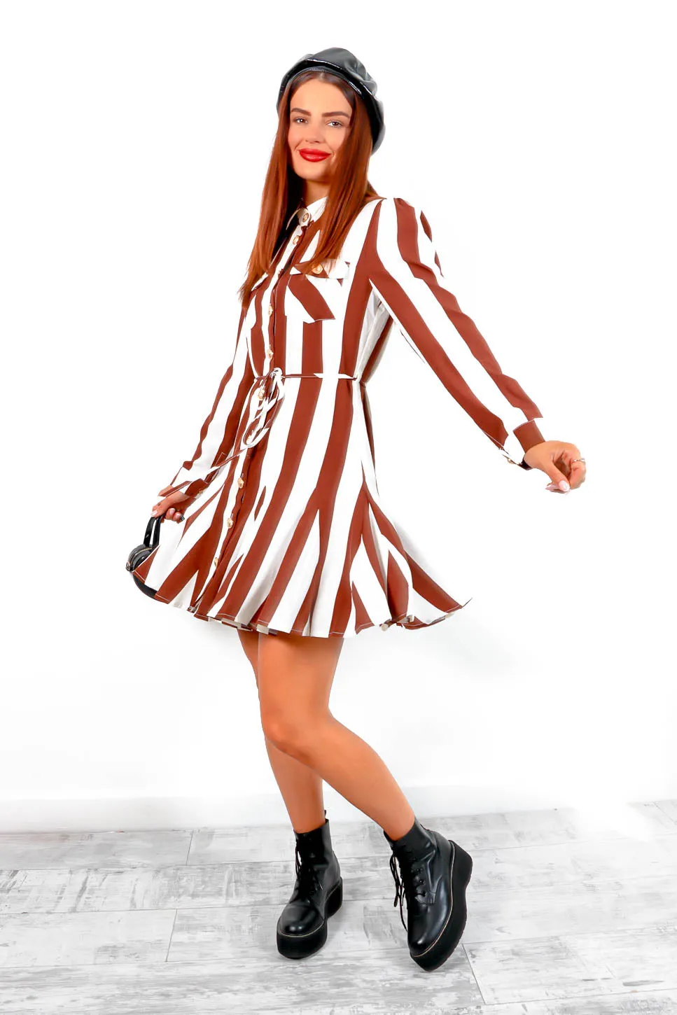 Always Chic - Brown Cream Striped Mini Shirt Dress