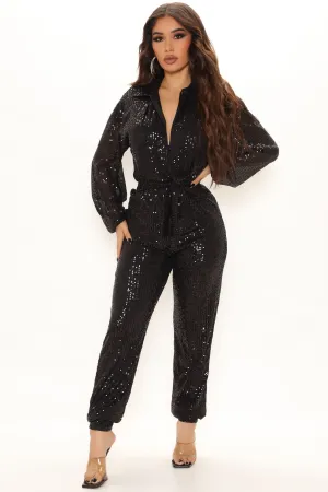 Angela Sequin Jumpsuit - Black
