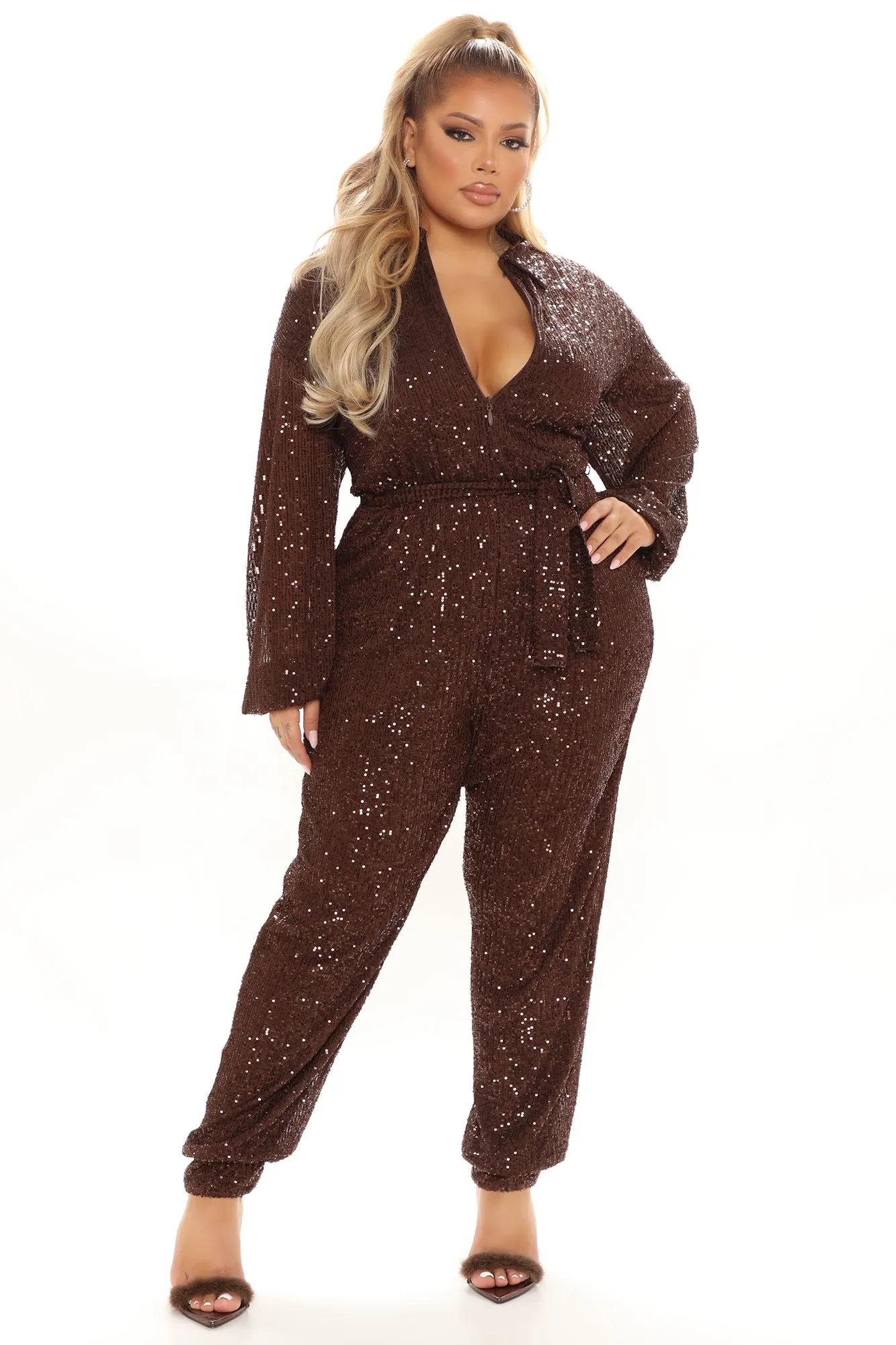 Angela Sequin Jumpsuit - Brown