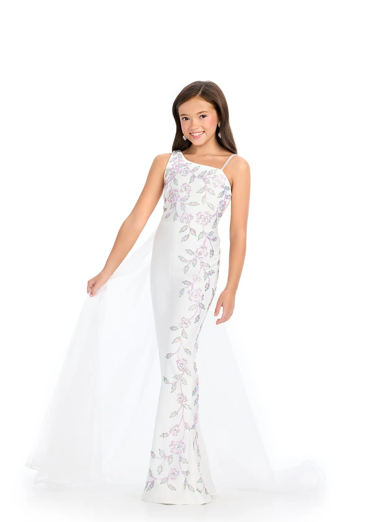 Ashley Lauren 8274 Jersey Girls Pageant Jumpsuit Crystal Stones Side Overskirt one shoulder