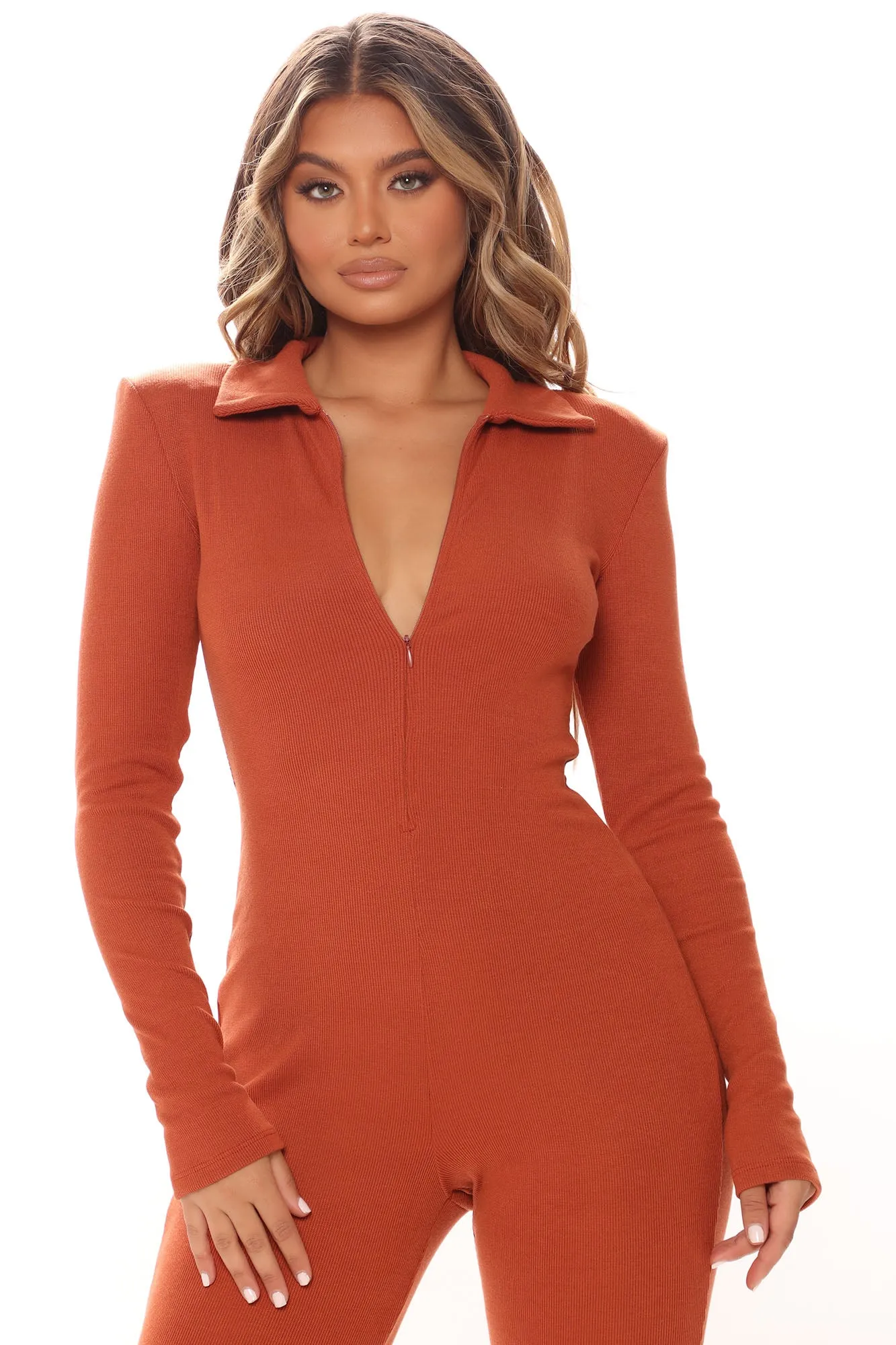 Ashley Rib Jumpsuit - Rust