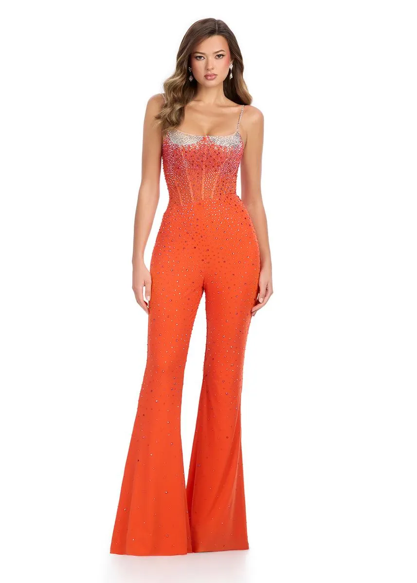 ASHLEYlauren Illusion Heat Stone Corset Jumpsuit 11903
