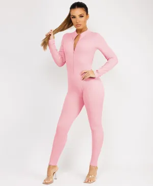 Baby Pink Front Zip Ribbed Structured Contour Jumpsuit