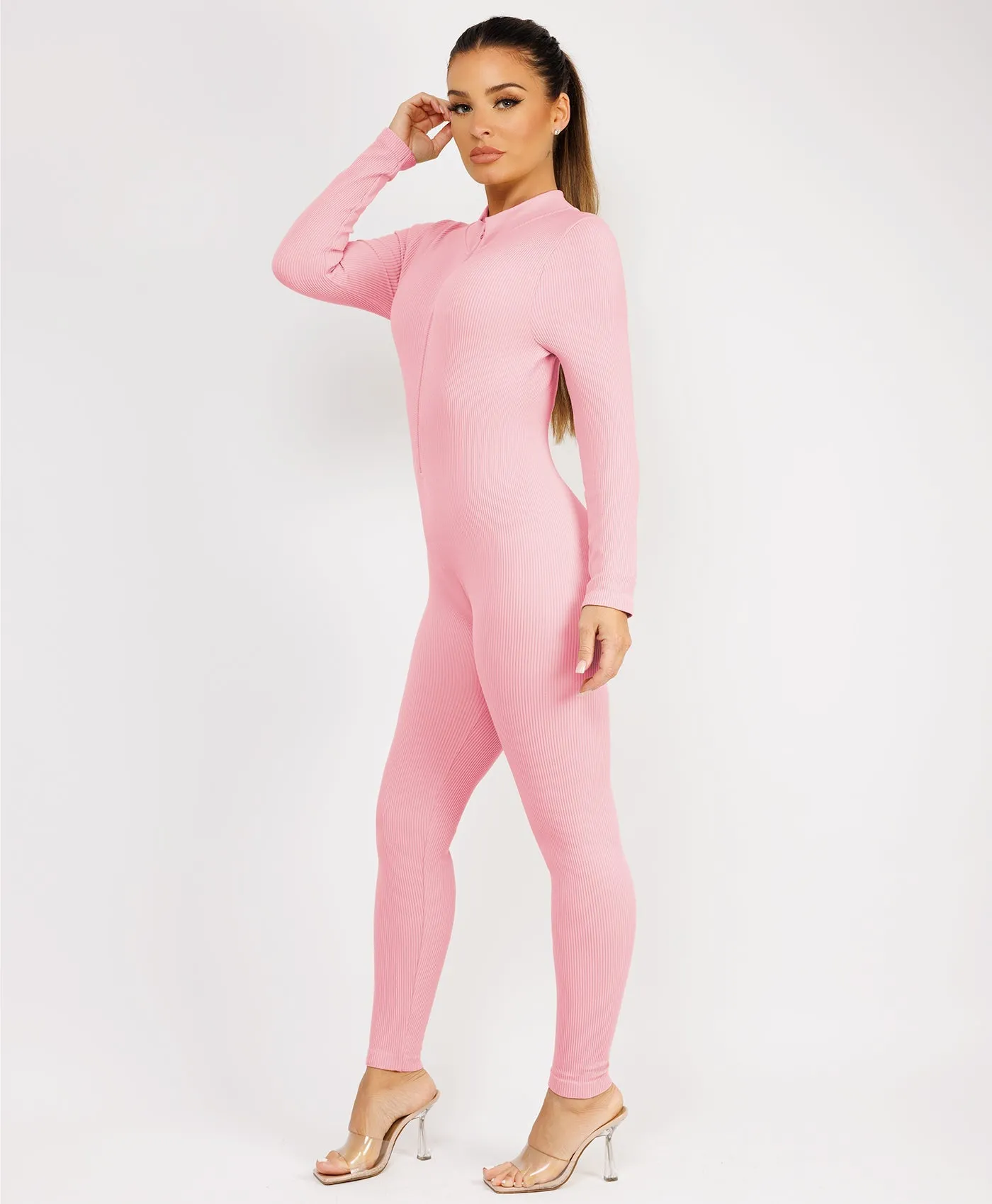 Baby Pink Front Zip Ribbed Structured Contour Jumpsuit