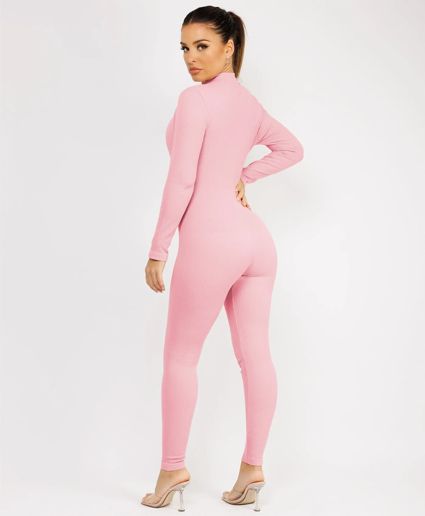 Baby Pink Front Zip Ribbed Structured Contour Jumpsuit