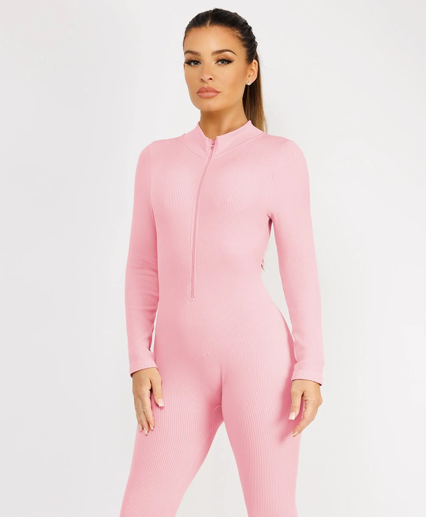 Baby Pink Front Zip Ribbed Structured Contour Jumpsuit