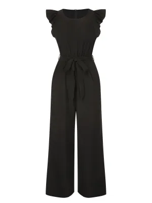 Black 1930s Solid Ruffle Sleeves Belted Jumpsuit