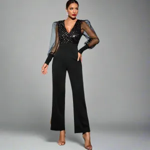Black Mesh Long sleeve Sequin Bodycon Jumpsuit