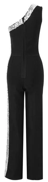 Black One-Strap Sequin-Embellished Jumpsuit