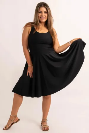 Black Silky - Scoop Neck Comfort Crop Midi Dress W/ Pockets