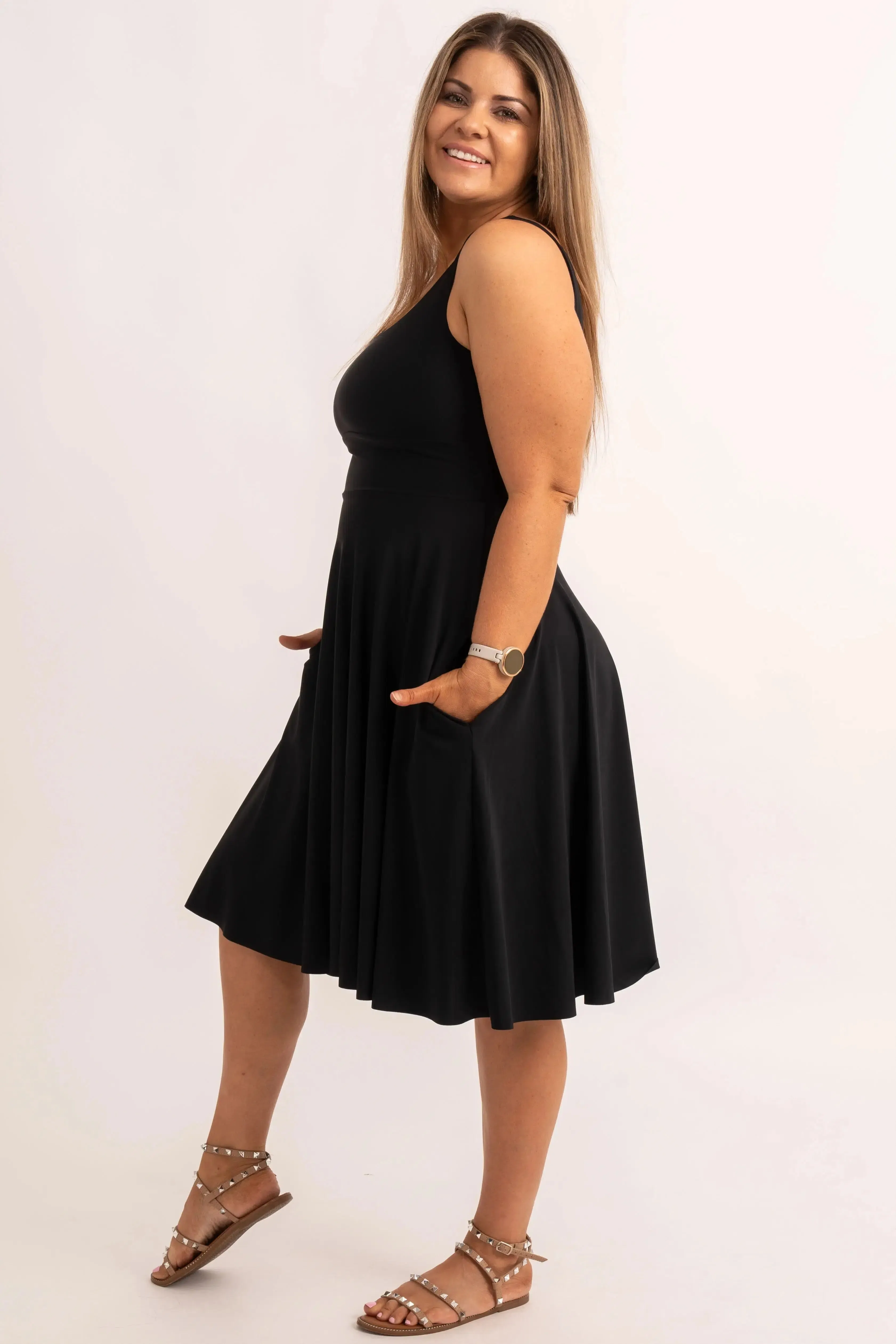 Black Silky - Scoop Neck Comfort Crop Midi Dress W/ Pockets