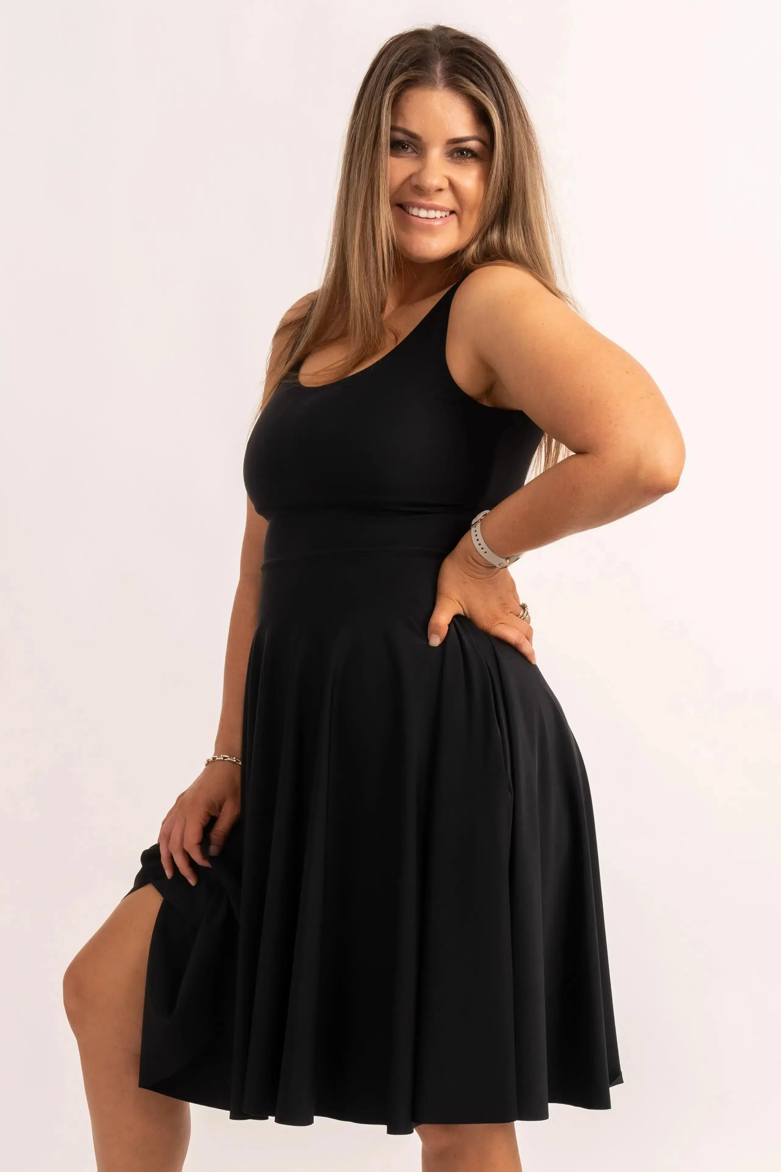 Black Silky - Scoop Neck Comfort Crop Midi Dress W/ Pockets