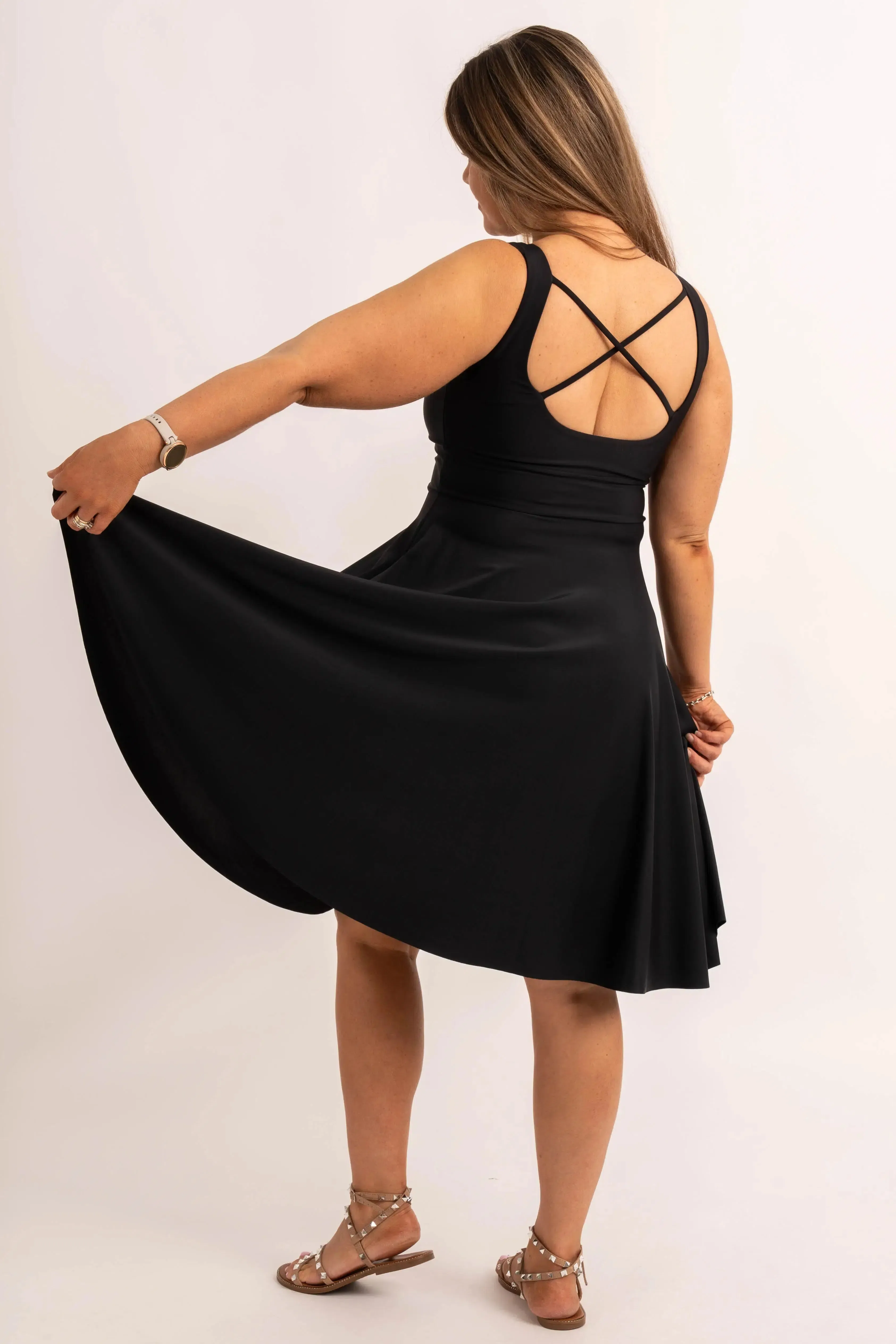 Black Silky - Scoop Neck Comfort Crop Midi Dress W/ Pockets