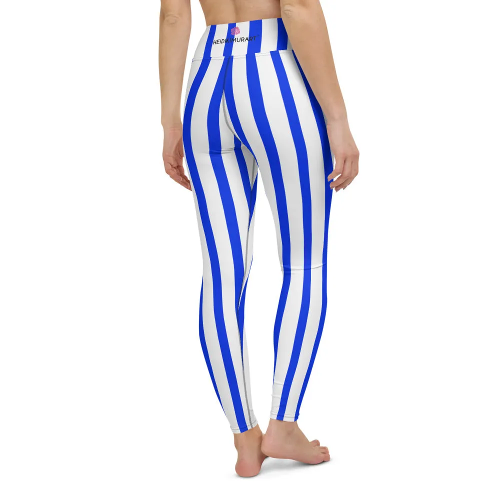 Blue White Striped Yoga Leggings, Vertical Striped Colorful Women's Long Tights-Made in USA/EU