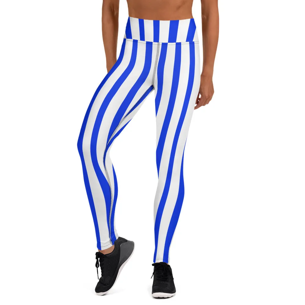 Blue White Striped Yoga Leggings, Vertical Striped Colorful Women's Long Tights-Made in USA/EU