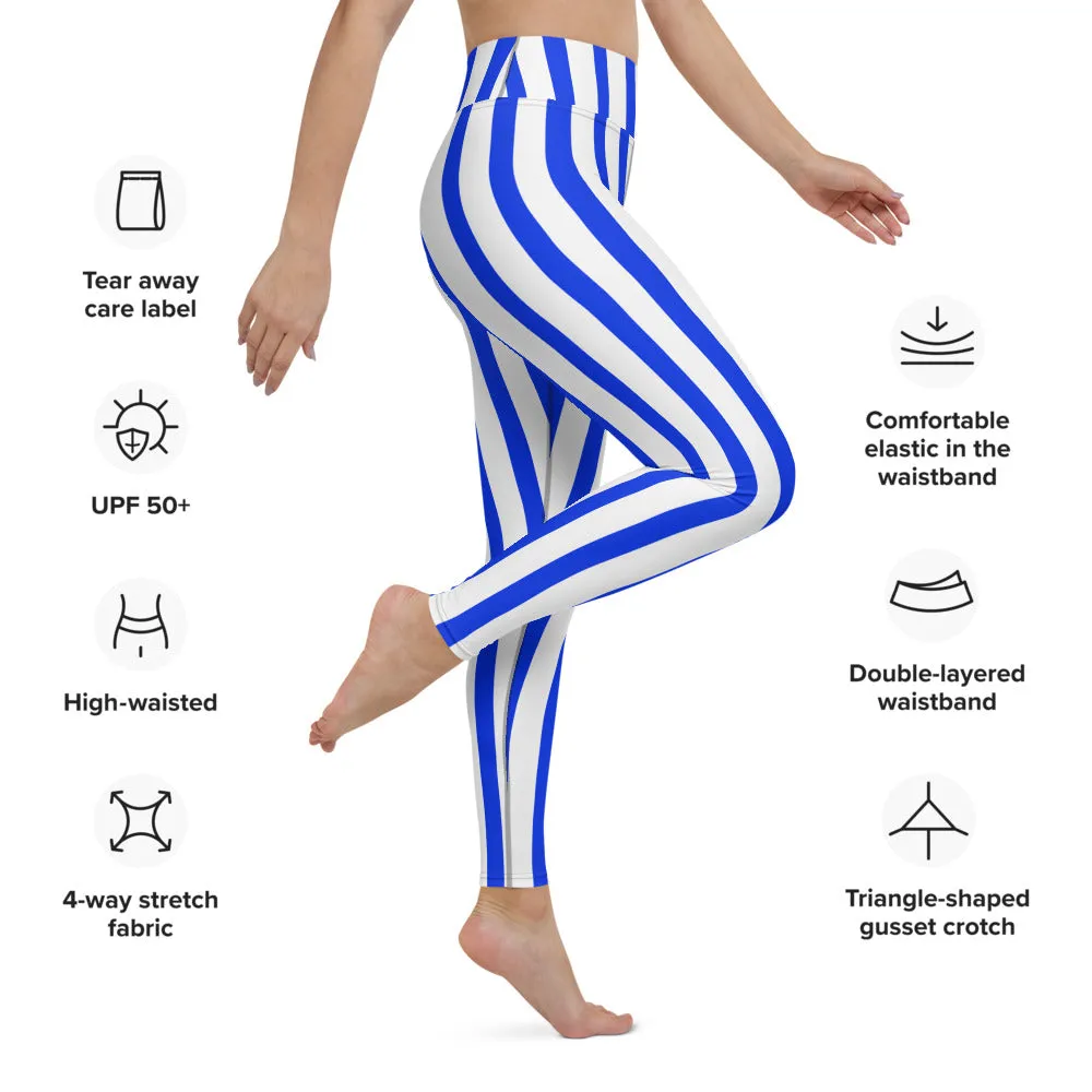 Blue White Striped Yoga Leggings, Vertical Striped Colorful Women's Long Tights-Made in USA/EU