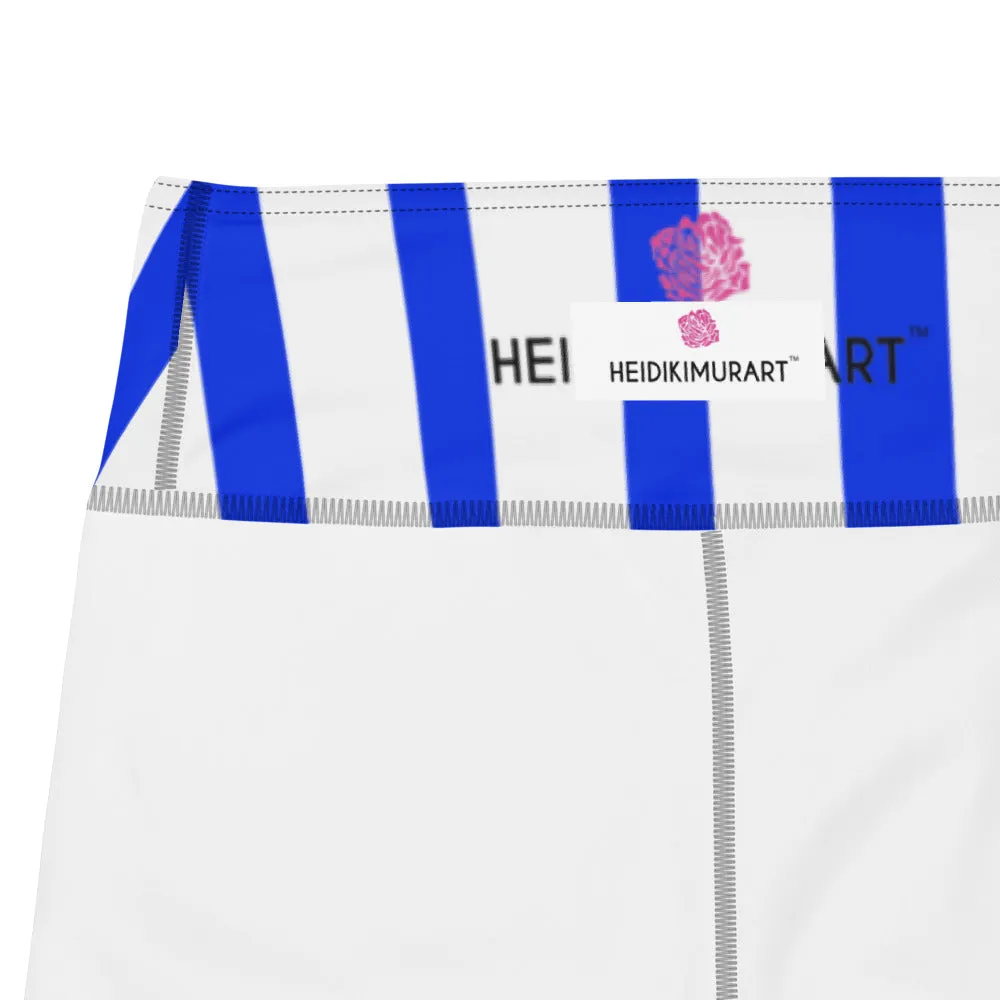Blue White Striped Yoga Leggings, Vertical Striped Colorful Women's Long Tights-Made in USA/EU