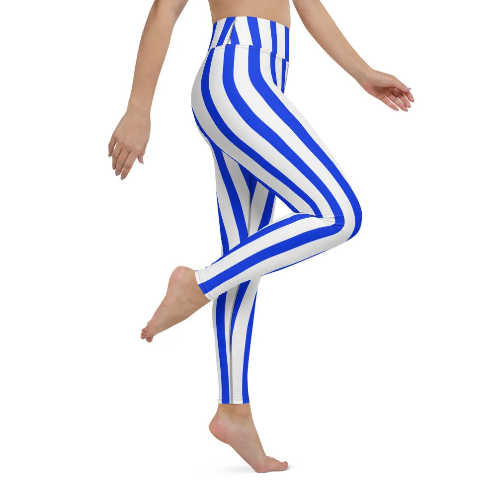 Blue White Striped Yoga Leggings, Vertical Striped Colorful Women's Long Tights-Made in USA/EU