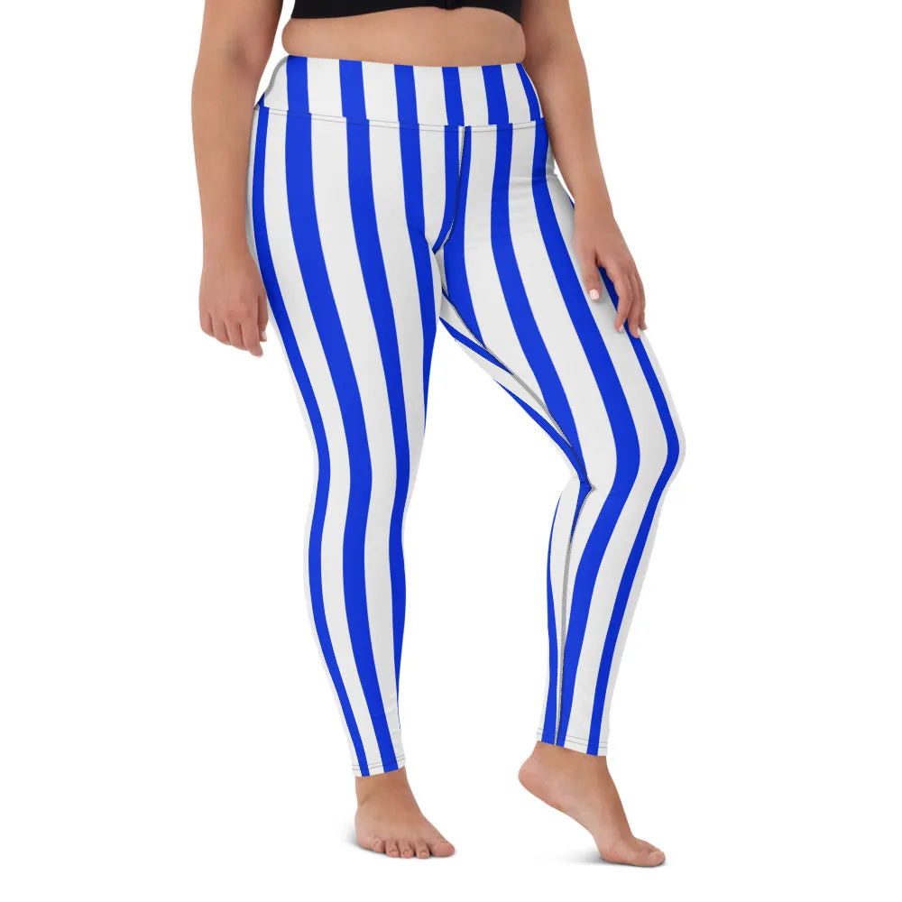 Blue White Striped Yoga Leggings, Vertical Striped Colorful Women's Long Tights-Made in USA/EU