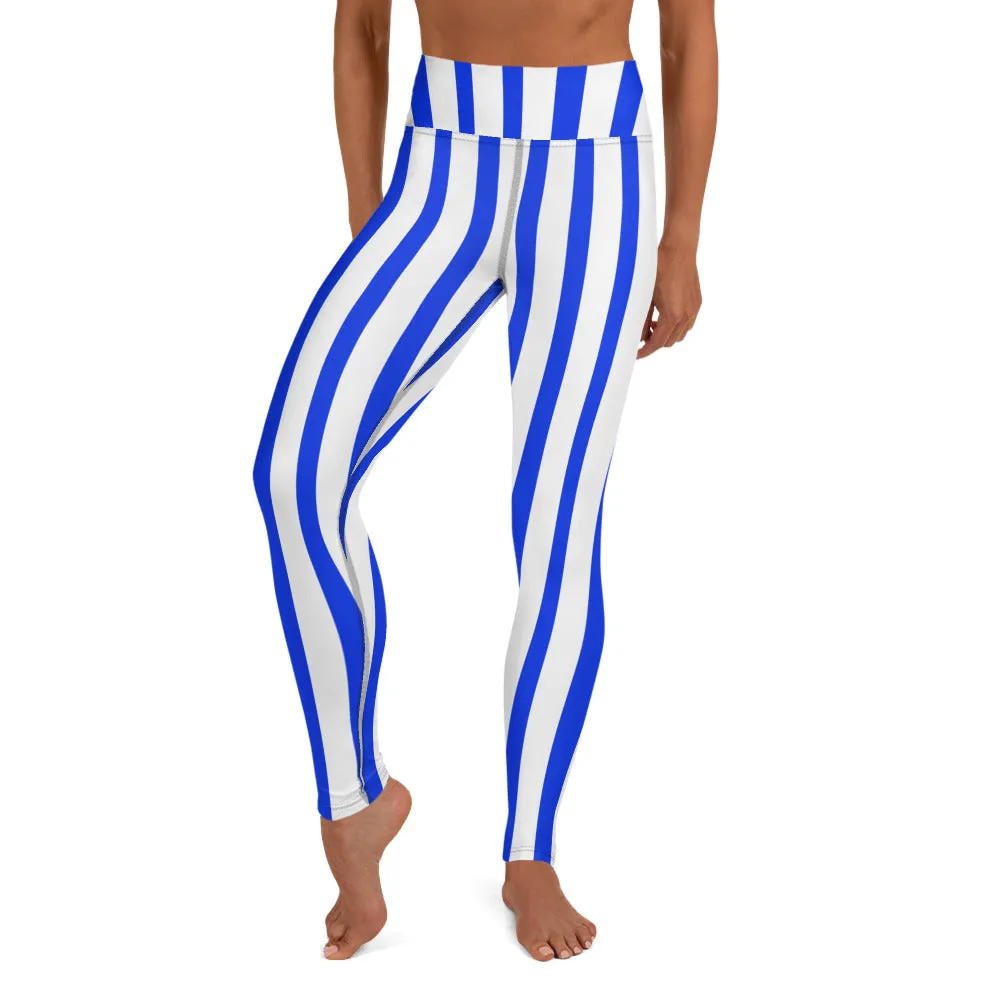 Blue White Striped Yoga Leggings, Vertical Striped Colorful Women's Long Tights-Made in USA/EU
