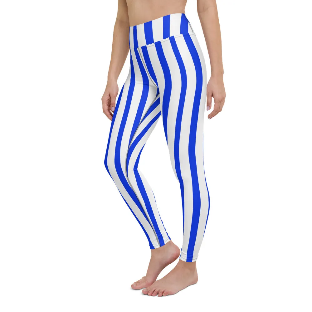 Blue White Striped Yoga Leggings, Vertical Striped Colorful Women's Long Tights-Made in USA/EU