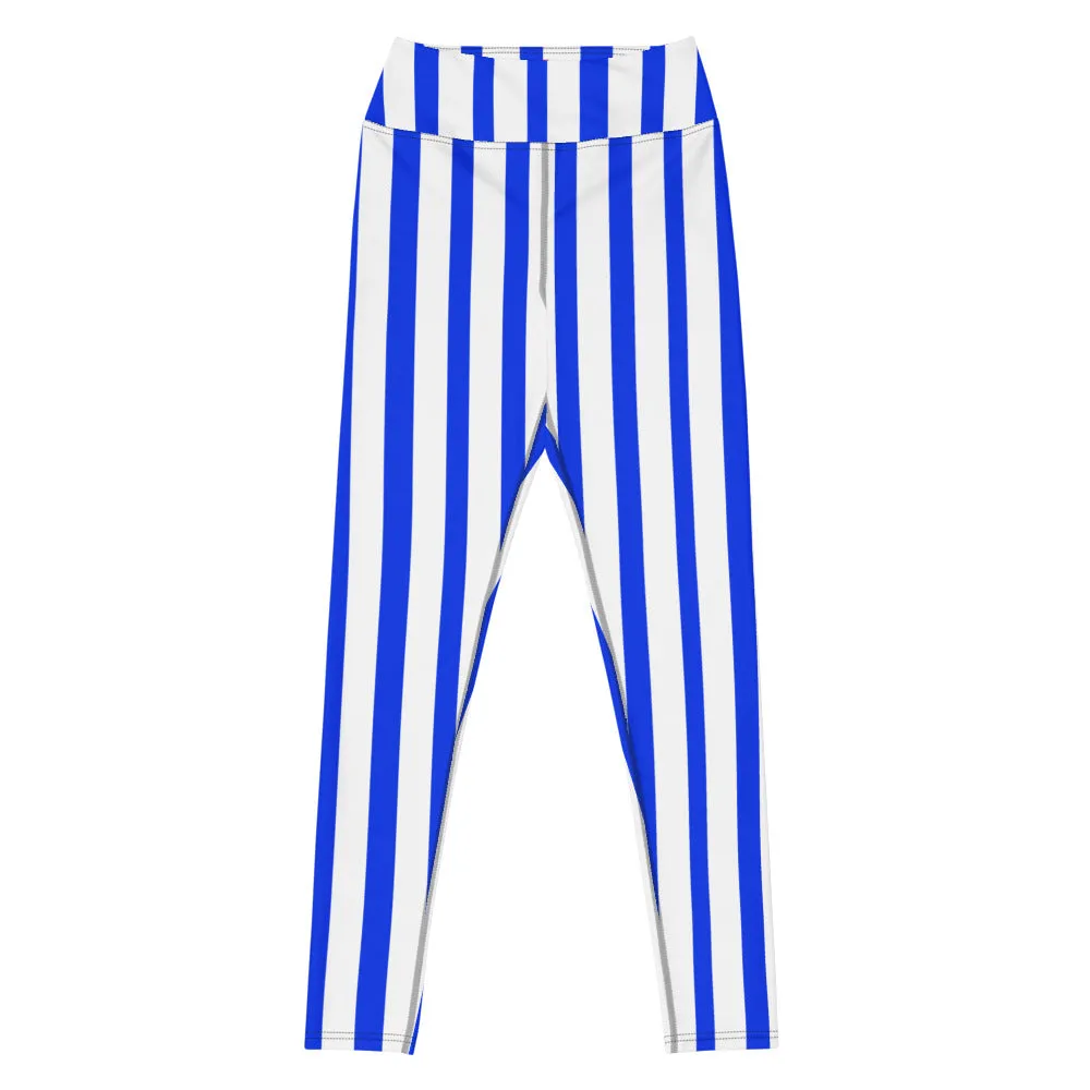 Blue White Striped Yoga Leggings, Vertical Striped Colorful Women's Long Tights-Made in USA/EU